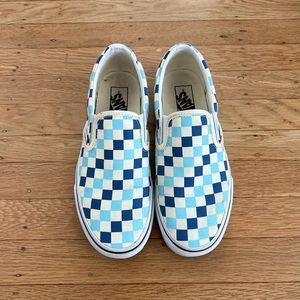 Blue, Topaz & White Checkerboard Vans Slip-On Canvas Skate Shoes